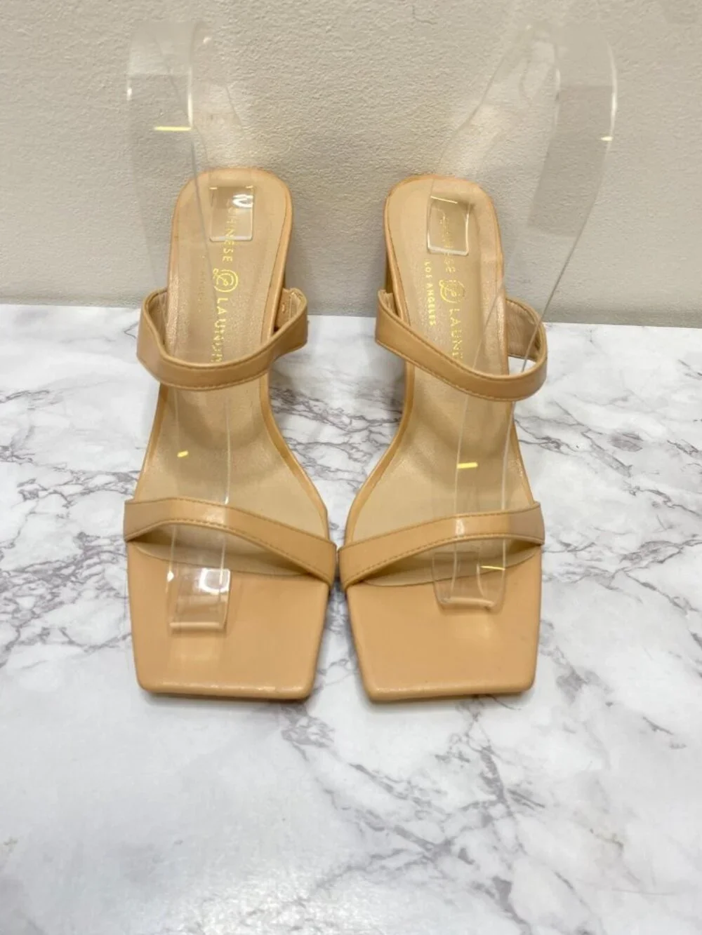 Chinese Laundry Women's Square Toe Nude Strappy Faux Leather Sandal Sz 7.5